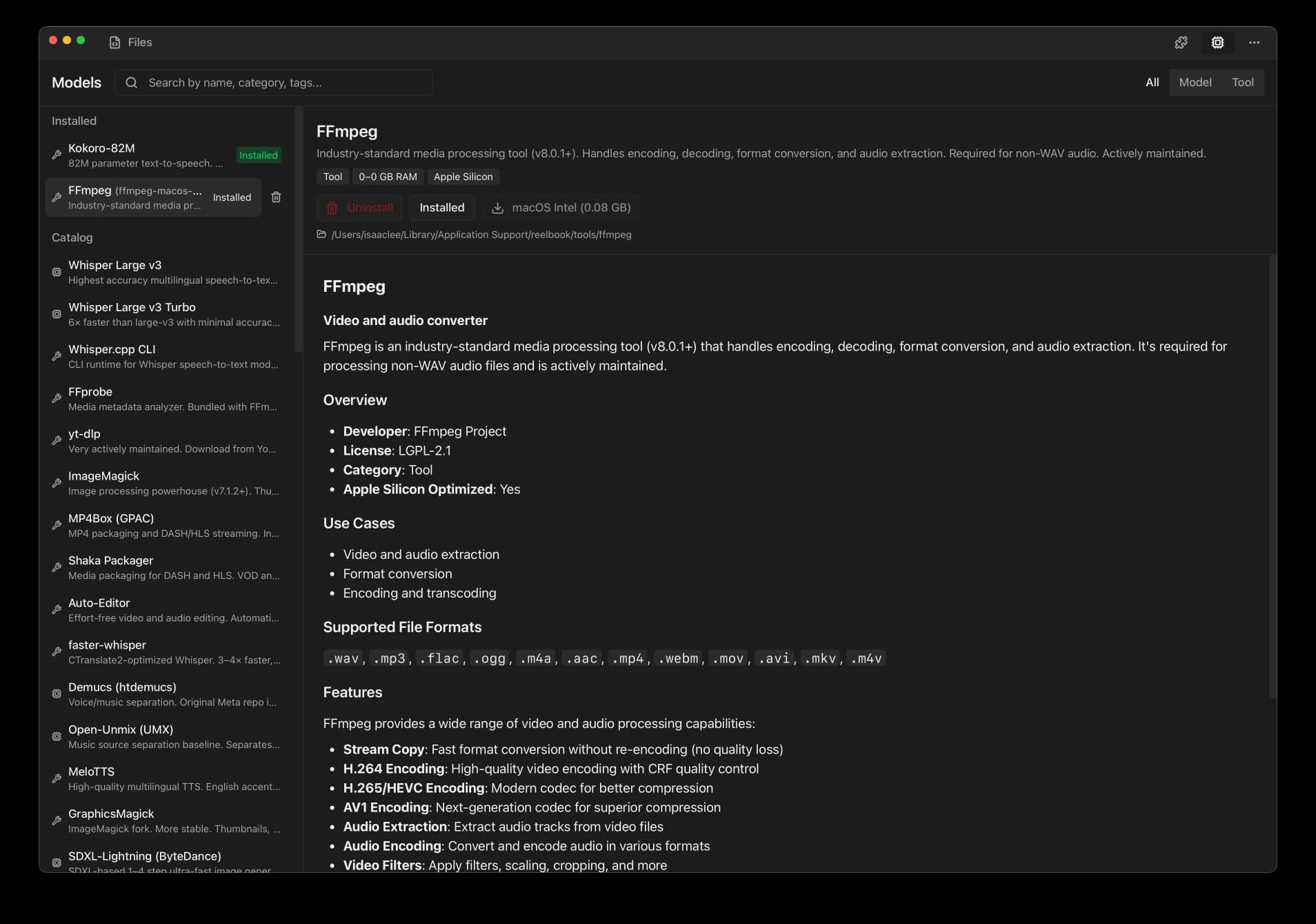 Reelbook catalog of local models and tools